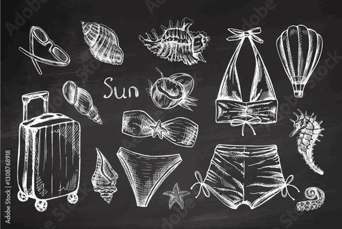 Hand drawn monochrome sketch of summer swimwear, travel accessories and marine elements on chalkboard background