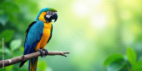 Vibrant Blue-and-Gold Macaw Perched on Branch in Lush Green Foliage, a Stunning Display of Tropical Bird Beauty