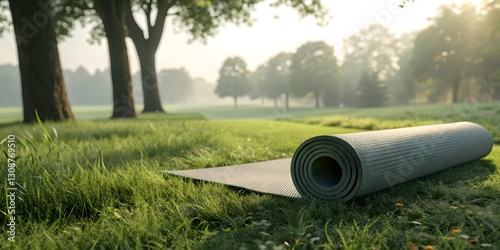 yoga mat on green grass, symbolizing outdoor wellness and mindfulness. Perfect for fitness-themed content, yoga inspiration, and nature designs. Ideal for advertising, editorial use, and social media