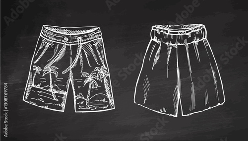 Hand drawn monochrome swim trunks and shorts with tropical design on chalkboard background