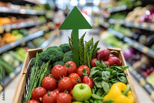 A vibrant basket filled with fresh vegetables including tomatoes, broccoli, and asparagus, situated in a well-stocked grocery store.