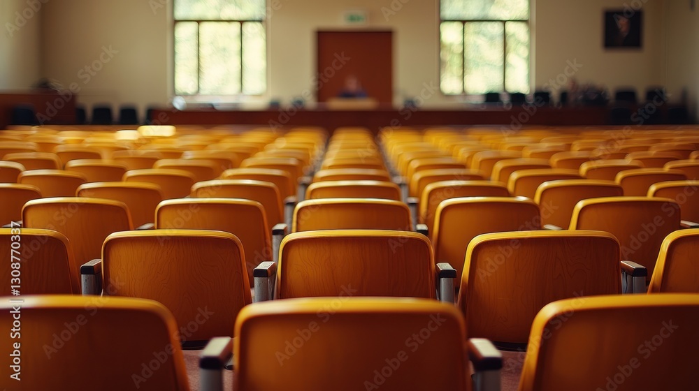Fototapeta premium Rows of empty lecture hall chairs awaiting students and teachers