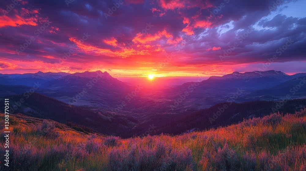 Obraz premium Mountain valley sunrise with vibrant clouds and wildflowers