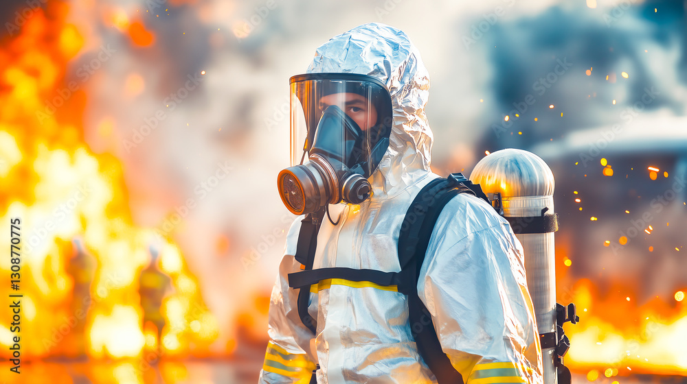 Obraz premium A firefighter responding to a hazardous materials spill at an emergency scene
