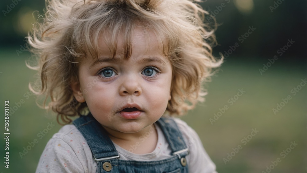 Small child with blond curly hair and blue eyes looks at viewer. Girl wears denim overalls on blurred green outdoor backdrop. Small child with blond curly hair and blue eyes looks at viewer. Girl wears denim overalls on blurred green outdoor backdrop.
