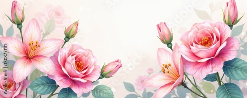 Delicate watercolor roses & lilies, soft hues, design, painting