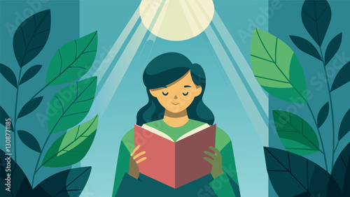 Soft rays of sunlight filter through leafy curtains illuminating a readers face as they delve into a story.. Vector illustration