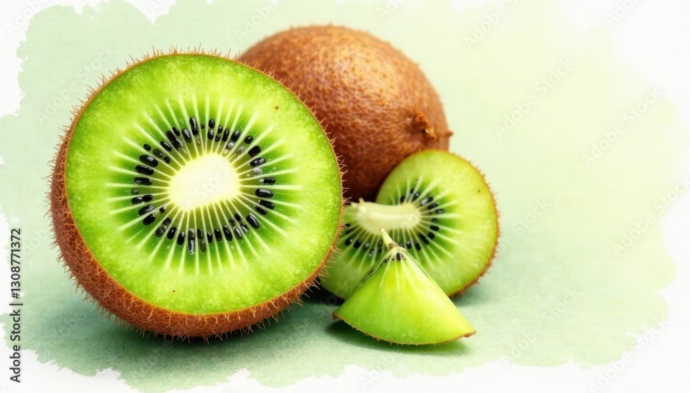 Fuzzy brown kiwi skin, vibrant green flesh, watercolor style , organic, spring Fuzzy brown kiwi skin, vibrant green flesh, watercolor style , organic, spring
