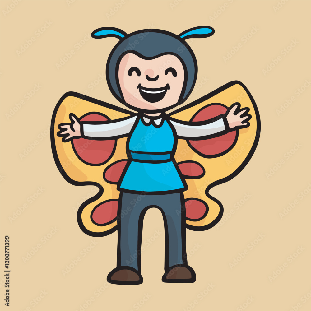 a kid wearing butterfly costume in isolated outline flat design a kid wearing butterfly costume in isolated outline flat design
