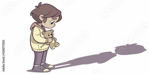  A small child clutches a teddy bear in his hands, looking anxious, hurt or frightened. Suitable for parenting blogs, psychology articles and topics related to child development.