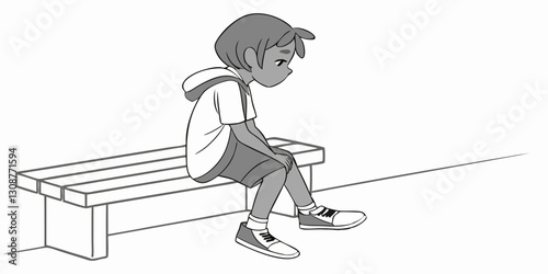 A child sits alone on a bench, looking down in sadness. Ideal for mental health blogs, loneliness awareness, and psychological articles.