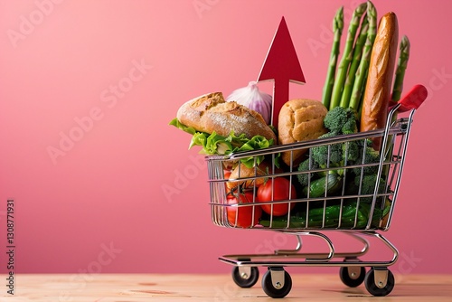 A vibrant shopping cart filled with fresh vegetables and bread against a pink background, symbolizing healthy eating and nutrition.