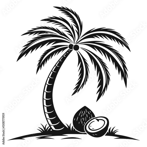 Tropical palm tree silhouette vector illustration with birds, exotic island landscape, black and white beach scene, summer vacation and paradise nature design element
