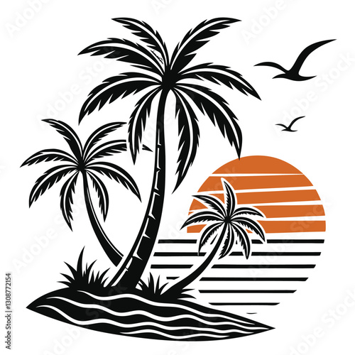 Tropical palm tree silhouette vector illustration with birds, exotic island landscape, black and white beach scene, summer vacation and paradise nature design element
