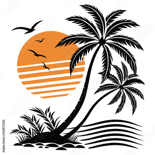 Tropical palm tree silhouette vector illustration with birds, exotic island landscape, black and white beach scene, summer vacation and paradise nature design element
