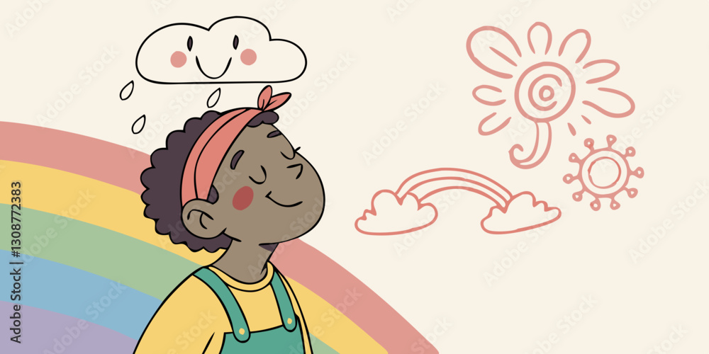 Colorful cartoon illustration of child with an umbrella walking under rainbow for children's websites and blogs about weather or topics of happiness and imagination. Colorful cartoon illustration of child with an umbrella walking under rainbow for children's websites and blogs about weather or topics of happiness and imagination.