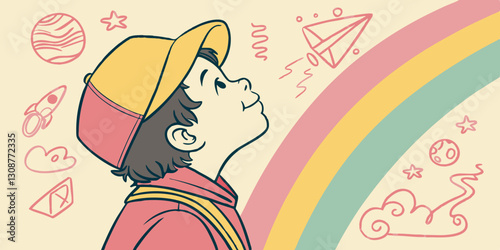 A child looks up at a rainbow background surrounded by colorful, dreamy illustrations. Perfect for imagination, creativity and inspirational blogs.