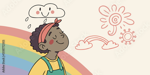 Colorful cartoon illustration of child with an umbrella walking under rainbow for children's websites and blogs about weather or topics of happiness and imagination.