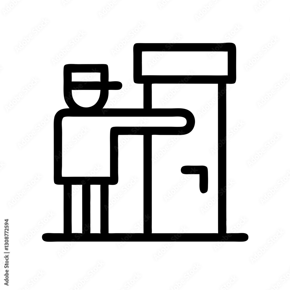 Security, guard, officer, station, checkpoint, monitor, uniform. Icon for security services, surveillance, and access control. Use on security, law enforcement, or business sites. Security, guard, officer, station, checkpoint, monitor, uniform. Icon for security services, surveillance, and access control. Use on security, law enforcement, or business sites.