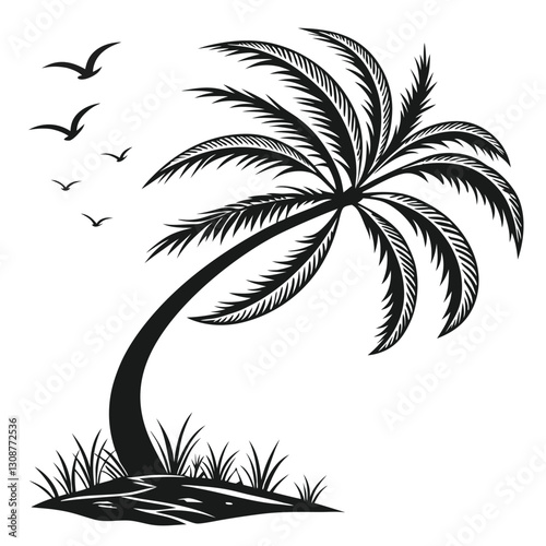 Tropical palm tree silhouette vector illustration with birds, exotic island landscape, black and white beach scene, summer vacation and paradise nature design element
