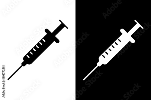 Disposable Syringe Icon Black and White Silhouette Vector for Medical Equipment.