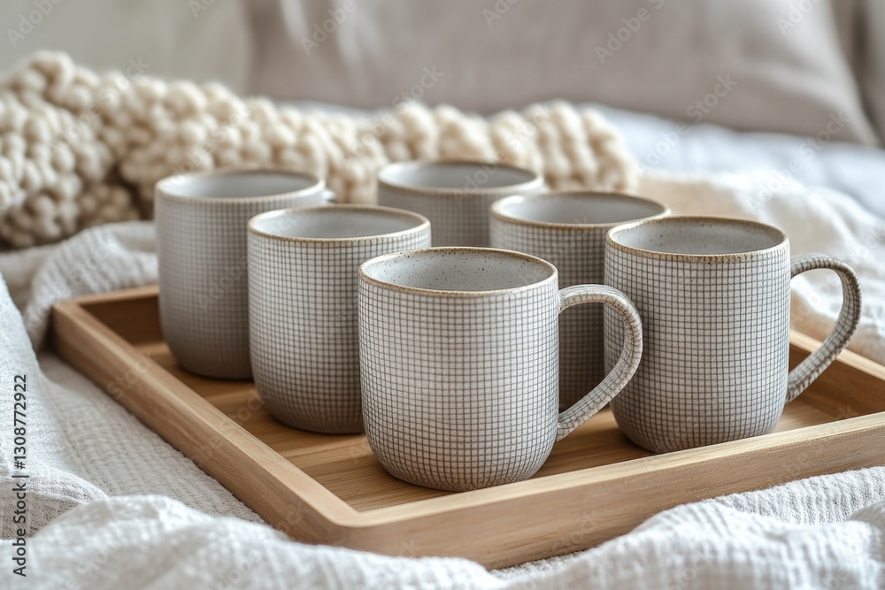 Elegant arrangement of textured mugs on wooden tray, cozy ambian Elegant arrangement of textured mugs on wooden tray, cozy ambian