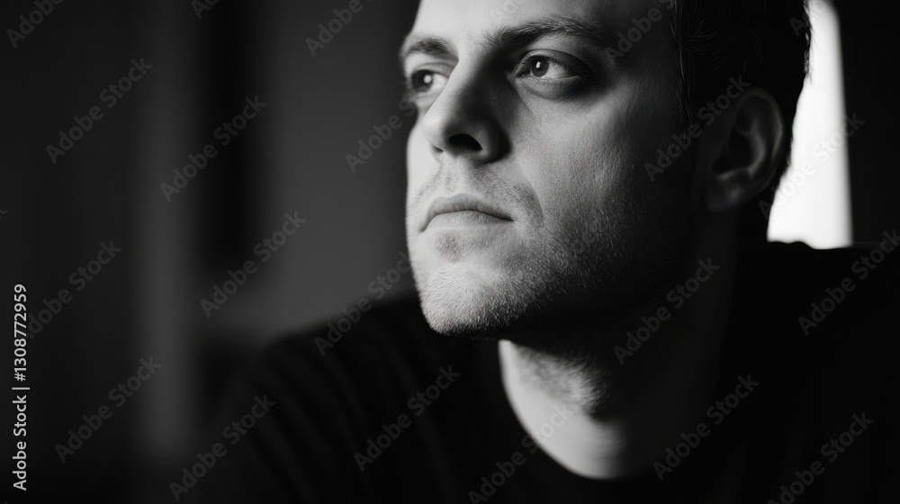 Black and white close-up portrait of a pensive young man looking upward, thoughtful expression, dramatic lighting. Black and white close-up portrait of a pensive young man looking upward, thoughtful expression, dramatic lighting.