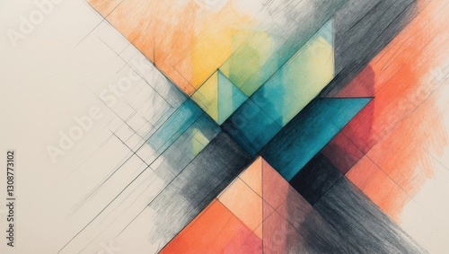 Colored Squares Pencil Drawing. Orange yellow blue and dark grey geometric shapes overlap and create abstract design with sketchy lines.