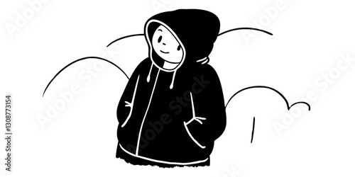A child in a hooded sweatshirt.Doodle or linart style illustration. A thoughtful and introspective image perfect for emotional storytelling, youth blogs and weather related topics.