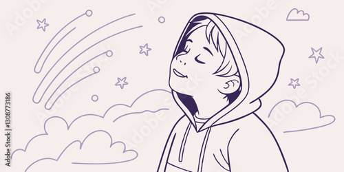 A child in a hooded sweatshirt.Doodle or linart style illustration. A thoughtful and introspective image perfect for emotional storytelling, youth blogs and weather related topics.