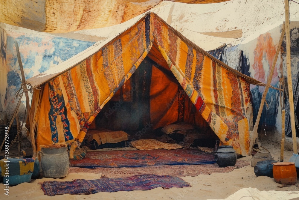 Fototapeta premium Bedouin Tent in Sahara Desert: Nomadic Home in Morocco's Heat
