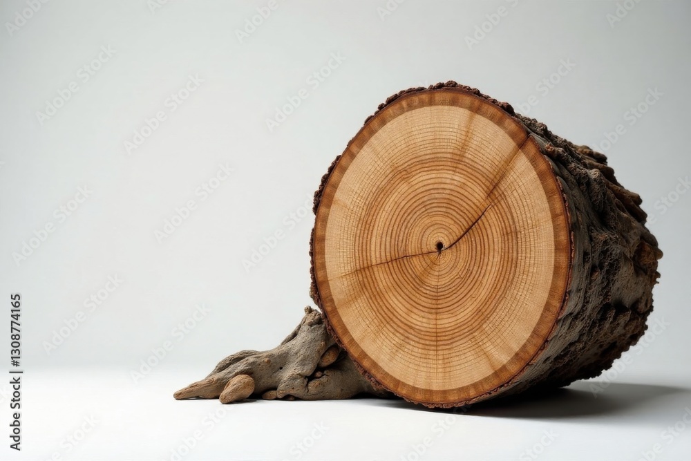 A cross-section of a tree trunk, showcasing intricate growth rings and rustic bark, rests on a minimalist background, emphasizing natural texture and organic form. A cross-section of a tree trunk, showcasing intricate growth rings and rustic bark, rests on a minimalist background, emphasizing natural texture and organic form.