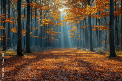 Sunbeams illuminate misty autumn forest path with colorful fallen leaves