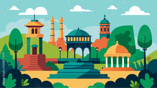 The parks historical landmarks have been restored and preserved showcasing the citys past and honoring its heritage.. Vector illustration