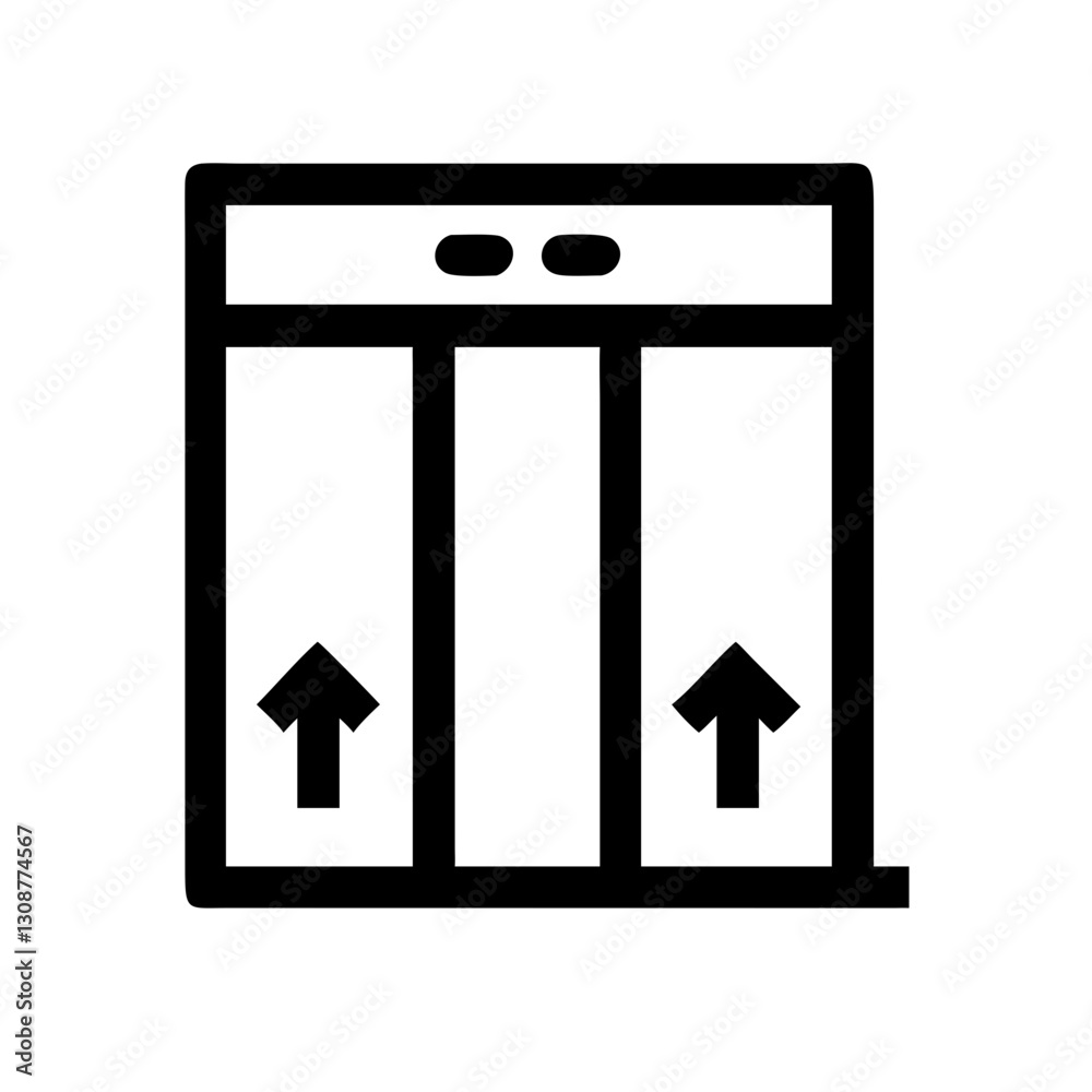 Simple line icon of an elevator with closed doors and an arrow, indicating direction. Use on building signage, accessibility resources, and travel websites Simple line icon of an elevator with closed doors and an arrow, indicating direction. Use on building signage, accessibility resources, and travel websites