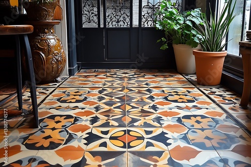 Colorful tiled floor in an interior entryway