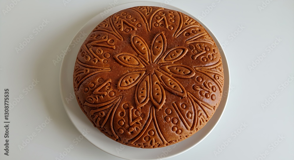 A plate of Ethiopian himbasha bread, round and decorated with intricate patterns, on white. A plate of Ethiopian himbasha bread, round and decorated with intricate patterns, on white.