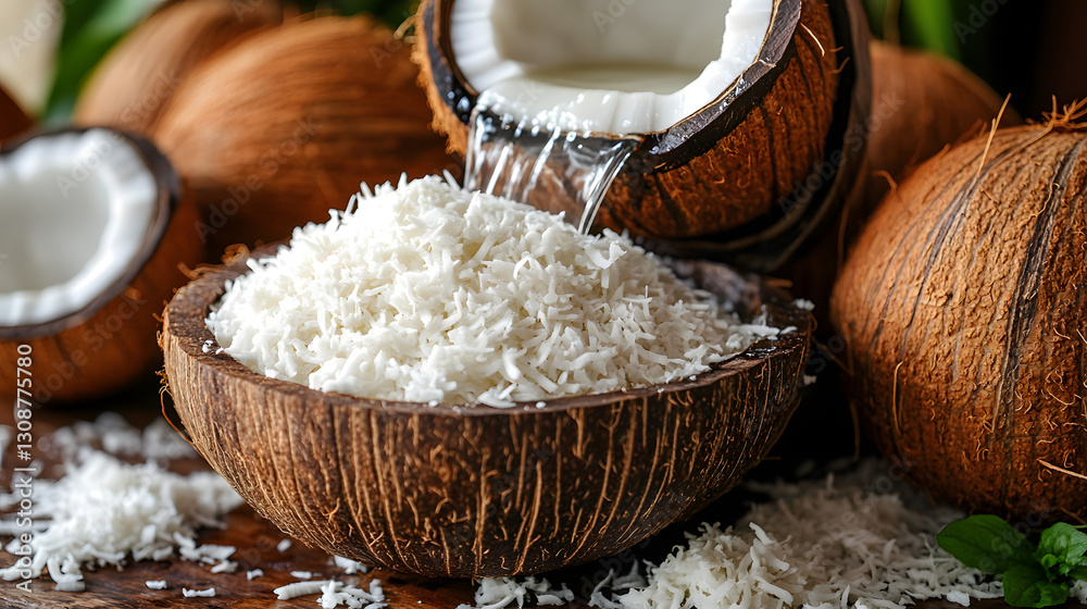 Tropical Coconut Delight: A vibrant close-up of fresh coconut meat spilling into a bowl made of coconut shell, with additional coconuts in the background, evoking the essence of tropical paradise.