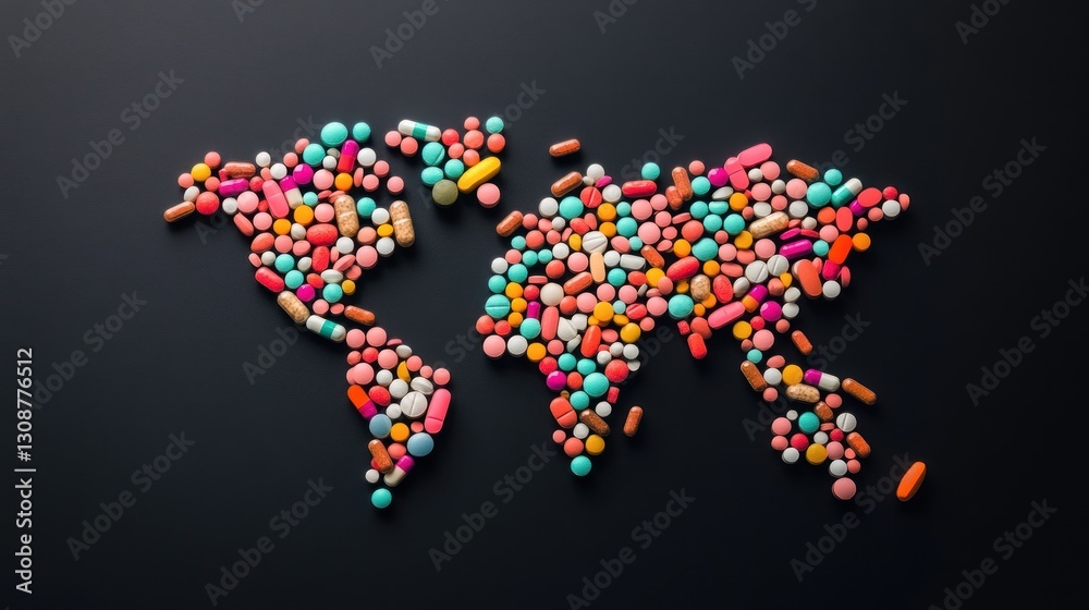 Fototapeta premium A world map made with various colorful pharmaceutical pills