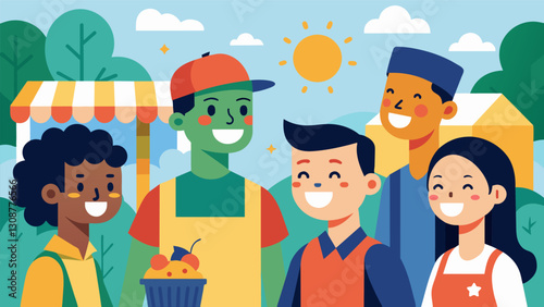 Smiling faces and friendly conversations between the vendors and their customers creating a warm and welcoming environment.. Vector illustration