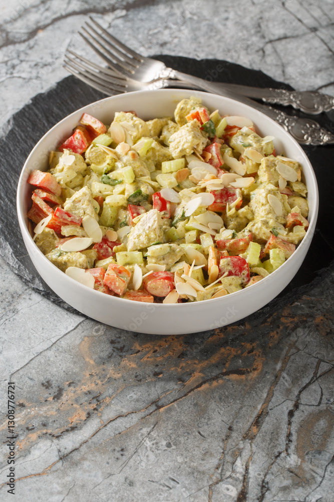 Homemade Genovese Pesto Chicken Salad with celery, onion, pepper and almond flakes close up on the table. Vertical