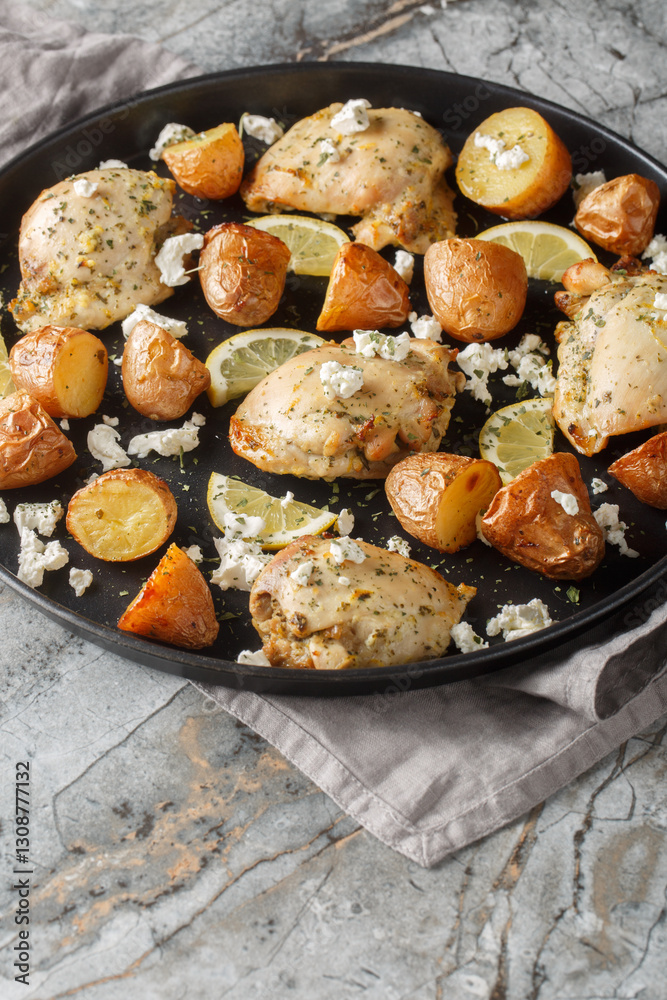 Greek chicken baked with feta, garlic and lemon zest with potatoes close-up in a frying pan on the table. Vertical