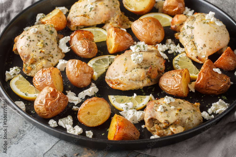 Chicken feta lemon baked with potatoes close-up in a frying pan on the table. Horizontal