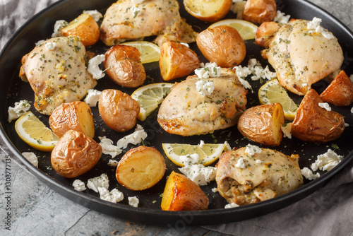 Obraz na płótnie Chicken feta lemon baked with potatoes close-up in a frying pan on the table. Horizontal w salonie