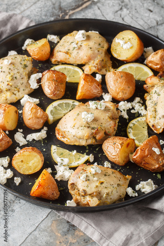 Obraz na płótnie Sheet Pan Lemon Feta Chicken with baked potatoes closeup on the table. Vertical w salonie
