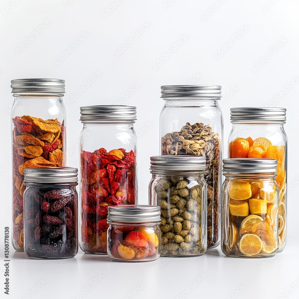 Colorful Jars of Dried Fruits and Nuts on a Light Background Colorful Jars of Dried Fruits and Nuts on a Light Background