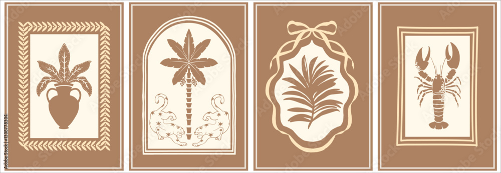 Fototapeta premium Vector trendy minimalist posters with a summer vibe. Features a palm tree silhouette, frames, and lobsters. Hand-drawn la dolce vita doodles. Pink and red colors.