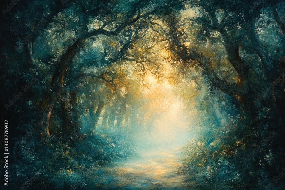 Sunlit path through a mystical forest, enchanting scene of nature's beauty.