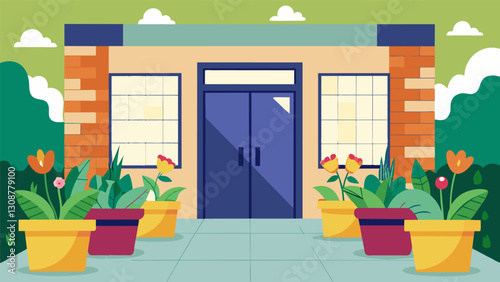 The entrance to the school is lined with colorful planters overflowing with flowers and herbs grown by students through the greening project welcoming. Vector illustration