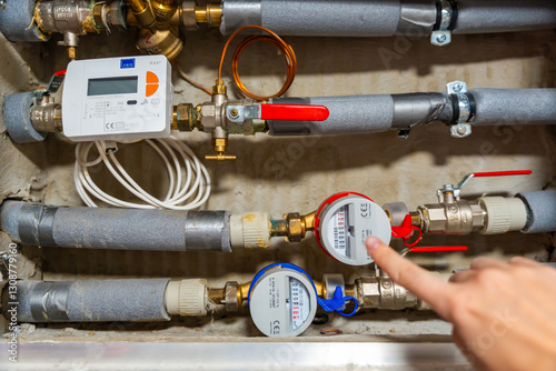 Smart water and heat meters with remote data transmission installed in a European utility system. The concept represents modern energy efficiency and digital infrastructure development